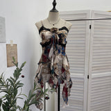 Real Shoot Hottie Design Lace Splicing Dizzy Oil Painting Irregular Ribbon Sleeve Sleeveless Top 1208