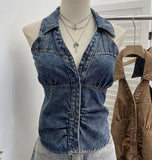 Hanging Neck V-Neck Single Buckle Denim Vest Repair Behind The Back Tight To Take A Short Sleeveless Top Lady 830