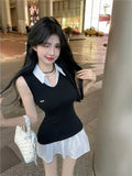 College Wind Fake Two Shirt Dress Women Summer Slimming Waist Thin Temperament Sleeveless Vest Skirt
