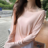 Korean Micro-Permeable Pure Desire To Lazy And Relaxed Feeling Thin Bottom Shirt Long-Sleeved T-Shirt Girl Spring Thin Air Conditioning Hood