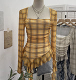 Real Shooting Collar Low-Breast Sexy Mesh Yarn Long-Sleeved Top Irregular Ribbon To Repair Hottie T-Shirt 8096