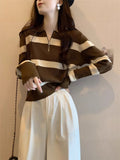 Crash Striped Semi-Zip Polo Collar Knitted Shirt Girl Spring And Autumn And Winter Loose Lazy Wind Outside Long-Sleeved Sweater Coat