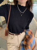Half-High Collar Thin Knitted Jersey Women's Spring And Autumn New Blouse Fashion With A Foreign Air Wood Ear Sweater Bottom Shirt