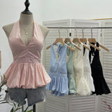French Retro Hanging Neck Tie With Bare Back Sling Skirt Folded Short Sleeveless Top Woman 9225