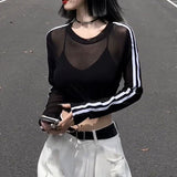 Purely Chic Unique Hottie Sexy Mesh Stripe Spliced Long Sleeve Sunscreen Shirt Design Sense Of Niche Top Woman