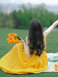 Yunnan Sanya Xinjiang Seaside Vacation Tourism Wearing Dopamine Beautiful Waist Yellow Sling Dress Woman Summer