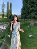 French-Print Lotus-Leaf Dress Girl Summer Temperament Seaside Holiday Hot Girl Unique Beautiful Waist Long Skirt