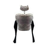 Real-Patrowing High-Necked Sexy Leopard-Print Hair Spliced Hanging Neck Long-Sleeved T-Shirt Repair Short Top 28111