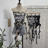 Real Shooting Hottie Camouflage Letter Print Chest Vest With Chest Pad Irregular Ribbon Short Top 8088