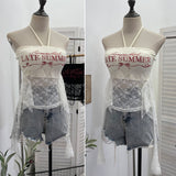 Real-Patting Hottie With Chest Cushion Letter Print Hanging Neck Sling Vest Irregular Ribbon Ribbon Sleeveless Lace Top 1285