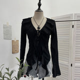 Dark Wind To Make Old Hole Horn Long Sleeve Open Shirt Tie With Lotus Leaf Side V Collar Sunscreen Shirt 9280