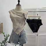 Slap Song Suit Hottie Buckle Irregular Zipper Slanted Shoulder Pu Coat Short Leather Vest Woman 2779
