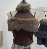 Small Version Of The Tight Hair Hanging Neck Splicing Sling Sling Vest Hottie Sexy Short Sleeveless Top 2800