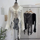 The Wasteland Wind Irregularly Drifted With Lotus Leaf Edge Strap With Hole Open Shirt Short Long Sleeves 9256