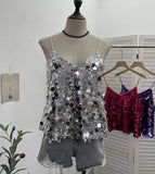 Real Shoot Hottie Sexy Night Club Heavy Bling Flash Shiny V Tie Sling Vest Sleeveless Top 3032