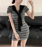 Korean Temperament Shawl Striped Knitted Dress Women's New Summer Design Slimming Ass Short Skirt