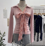 Real Shoot Spice Girls V-Neck Bow Tie With Long-Sleeved T-Shirt Slime Thin Velvet T-Shirt 1387