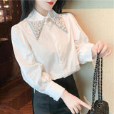 2025 Spring Dress New Temperament Heavy-Weight Industrial Hand Nail Beads Long-Sleeved Shirt Women's French Loose Blouse Tide
