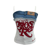 Design-Sensitive Edge Denim Spliced Letter Embroidered Sling Sling Vest T-Girls Short Top 23098