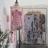 Vintage One-Word Shoulder Long-Sleeved T-Shirt Babes Net Embroidery Irregular Ribbon Dress 12901