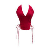 Deep V Hanging Neck With Chest Pad Sling On Both Sides Of The Strapped Open Fork-Lo-Back Zipper Short Babes Top 6310