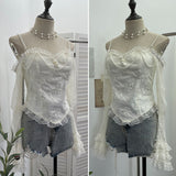 French Retro Pearl Shoulder Lace Lace Top With Bra Cushion Shoulder Long Sleeve Short Shirt 8858
