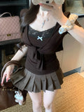 Merard Lace Spliced Bows Short-Sleeved T-Shirts For Women's Summer New Strapped Slings T-Shirts