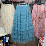 New French Long Dress Female Autumn Temperament Elegant Solid High-Waisted Mesh Cake Skirt Unkempt Skirt