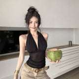 Spice Girls Hanging Neck Black Sling Vest Women Wear 2025 Low V Neckless Cuffless Back With Mesh Yarn Short Top