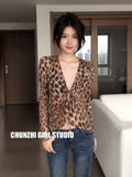 Spice Girls Vintage Micro-Permeability Texture Strap Design Leopard-Print Bottom Women's Spring And Summer New Long-Sleeved V-Neck Top