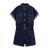 2025 Summer New Women's Wear Collar Short Sleeve Pocket Dress Denim Short Jumpsuit 4979036