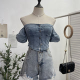 Real Shot Shoulder Bubble Short Sleeves Denim Shirt Design Hot Girl Collar Small Short Top 2530