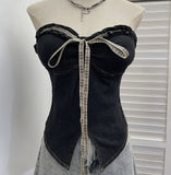 Real Shooting Denim Bra Vest Bump Color With Bow Wood Ear With Chest Cushion Short Sleeveless Top 2866