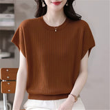 2026 Round Collar Summer New Large Size Women's Loose Knitted Shirt Short-Sleeved Fat Mm Thin Top