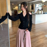 Lazy High-End Feeling Hanging Neck Long-Sleeved Knitted Shirt Autumn 2025 New Big Look Light French Lame Shoulder Coat