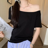 This Year's Popular Beautiful Temperament Shoulder Wide Collar Short-Sleeved T-Shirt Women's Summer 2025 New Blouse
