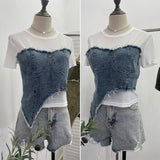 Solid Shooting Denim Splicing Mesh Yarn Short-Sleeved T-Shirt Summer Dress Irregularly Short High-Waist Repair Body Coat 26171