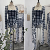 Real Shooting Collar Low-Breast Sexy Mesh Yarn Long-Sleeved Top Irregular Ribbon To Repair Hottie T-Shirt 8096