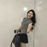 Thai-Style Solid-Colored Elastic Arc Waist-Side Vest T-Shirt Girl With Pure Desire To Ultra-Short-Sleeved Half-Necked Ants Waist T