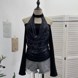 Real Shooting Hottie Letter Print Mesh Collar Splicing Neck One-Word Shoulder Long-Sleeved T-Shirt Short Top 2780
