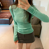 Threaded Slimmed Head Bottom Knitted Shirt Women Autumn 2025 New Round Collar With Shoulder Long Sleeve Top