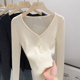 2026 Early Spring French Pure Lust Wind V-Neck Knitted Shirt Girl New Soft-Castic Elastic Repair Inside The Bottom Blouse