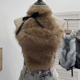 Real-Shot Bow Decorative Hair Splicing Elastic Hanging Neck Vest Outside Wearing Hairy Short Grinding Coat 2791