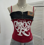 Design-Sensitive Edge Denim Spliced Letter Embroidered Sling Sling Vest T-Girls Short Top 23098