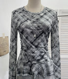 Double-Layer Mesh Lattice Waist Fold Irregular Hem With Long-Sleeved Top Repair T-Shirt 15671