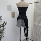 Real Pat With Chest Cushion Irregular Ribbon Lace Skirt Stided With Denim Vest Back Sleeveless Top 2759