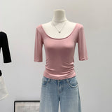 Purely Sexy Slime U-Neck Shoulder Short-Sleeved T-Shirt Commuting Summer New Thin Luxury High-End Feel Blouse