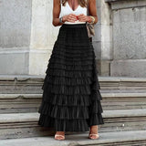 New French Long Dress Female Autumn Temperament Elegant Solid High-Waisted Mesh Cake Skirt Unkempt Skirt
