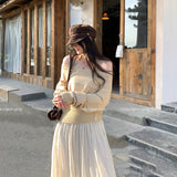 Korean Beautiful Hanging Neck Sling A Word Shoulder Knit Hood Two Sets Of Women's Autumn And Winter New Knitwear Inside The Top