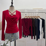 French Design Sense Hanging Neck Cross-Folded Long-Sleeved T-Shirt Inside The Fake Two-Piece Top Female 2767